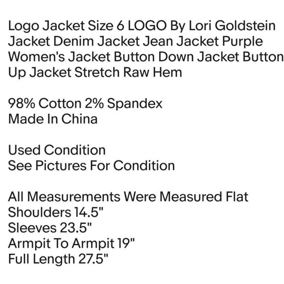 Logo Jacket Size 6 LOGO By Lori Goldstein Jacket Denim Jacket Jean Jacket Purple - Picture 2 of 6